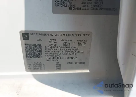 2020 GMC Sierra 1500 4Wd Short Box Slt from USA, damaged, VIN 3GTU9DEL0LG426661